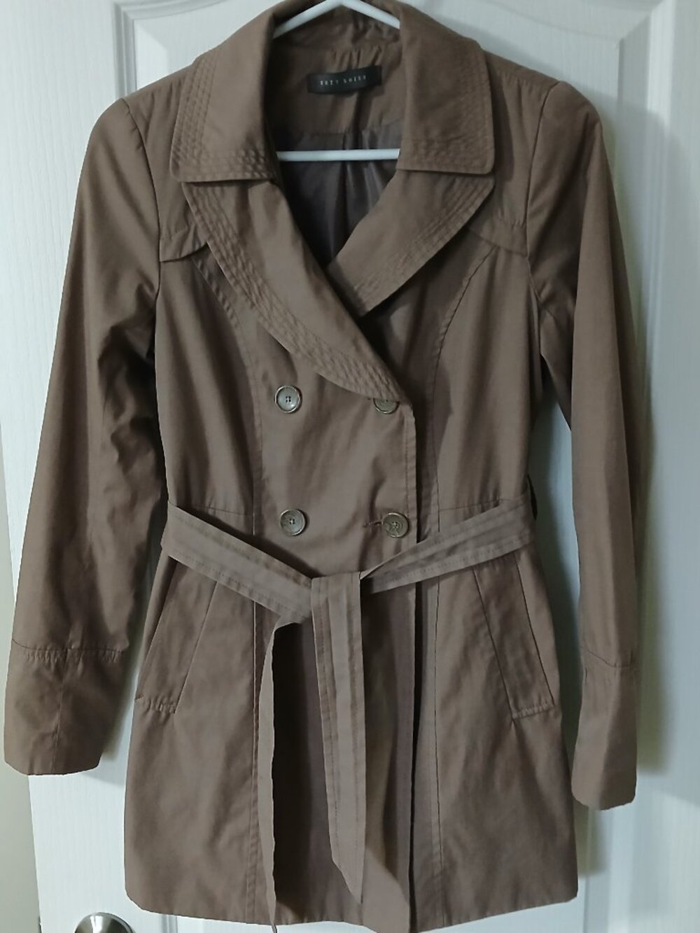Suzy Shier Taupe Mid Double-Breasted Trench Coat ,XS Like New.